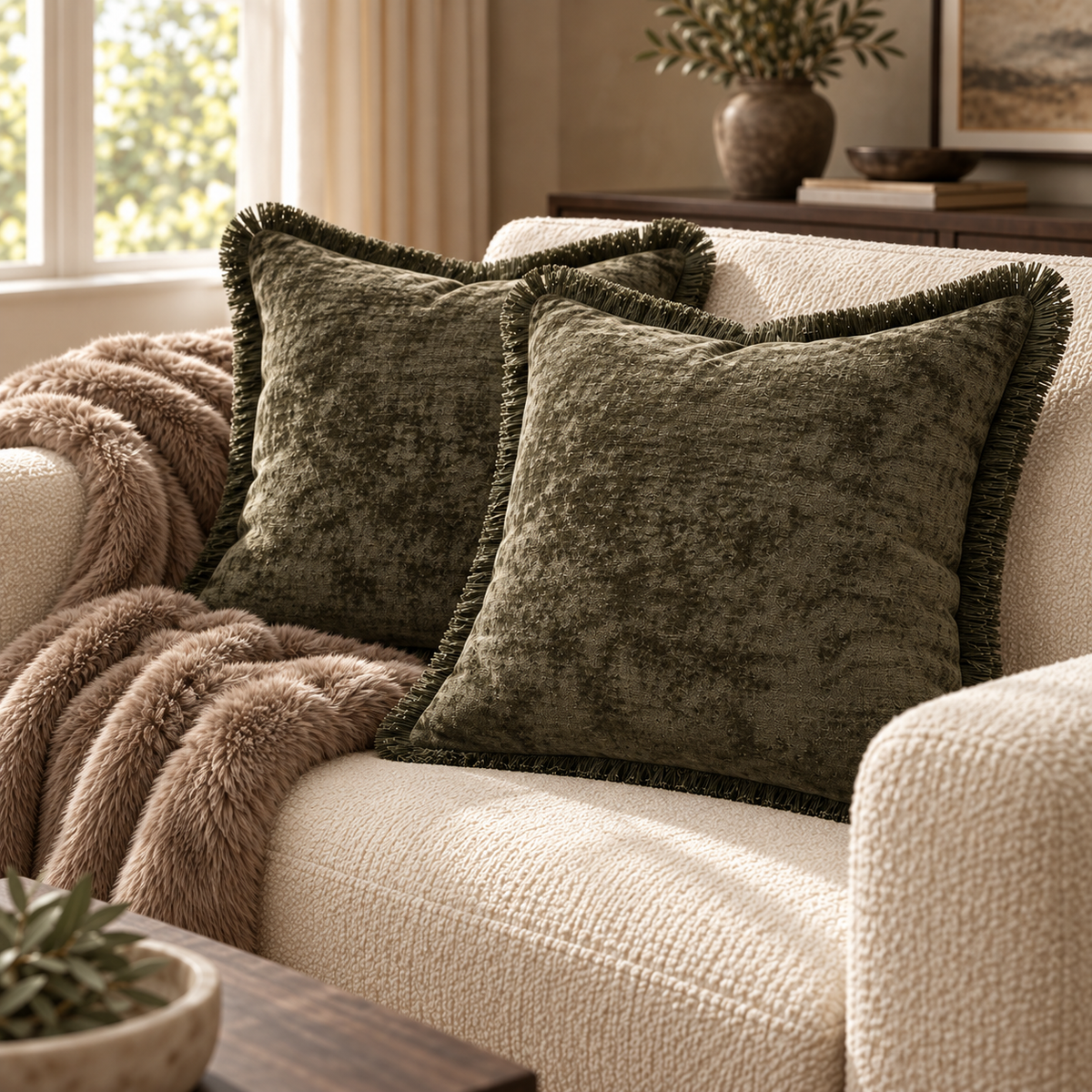 Curtain Call Olive Chenille & Fringe Cushion 45 cm Paul Moneypenny