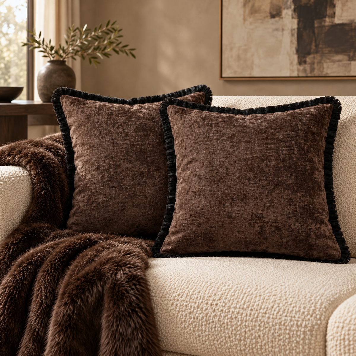 Curtain Call Chocolate Chenille & Black Fringe Cushion 45 cm Paul Moneypenny