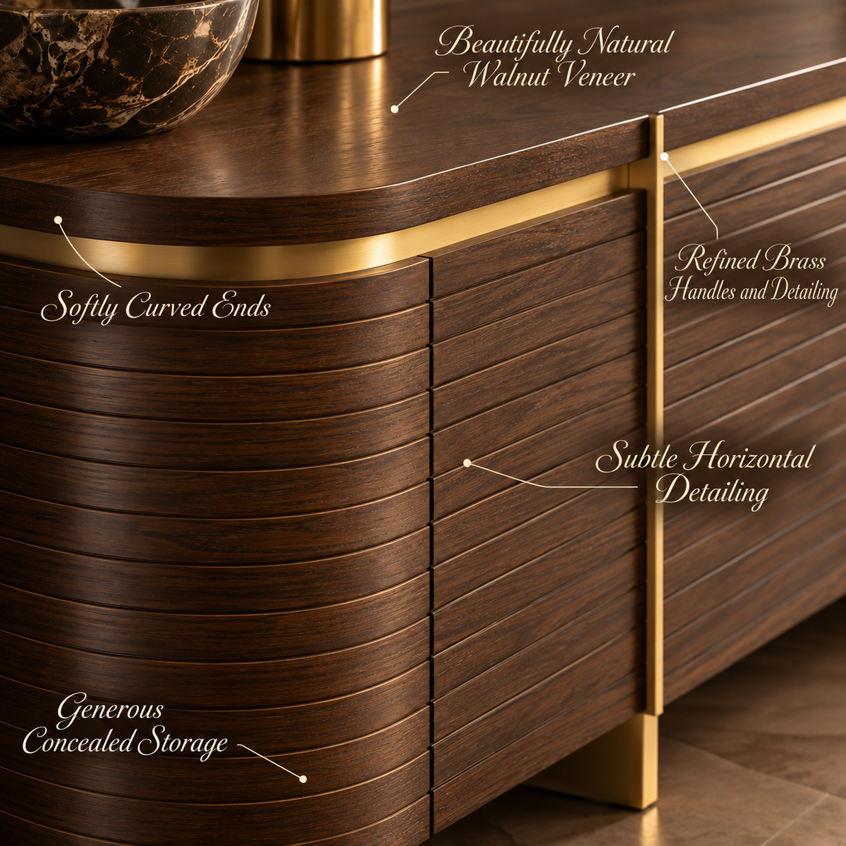 Malibu Brown Walnut Veneer Sideboard with Brass Handles & Legs Berkeley Designs