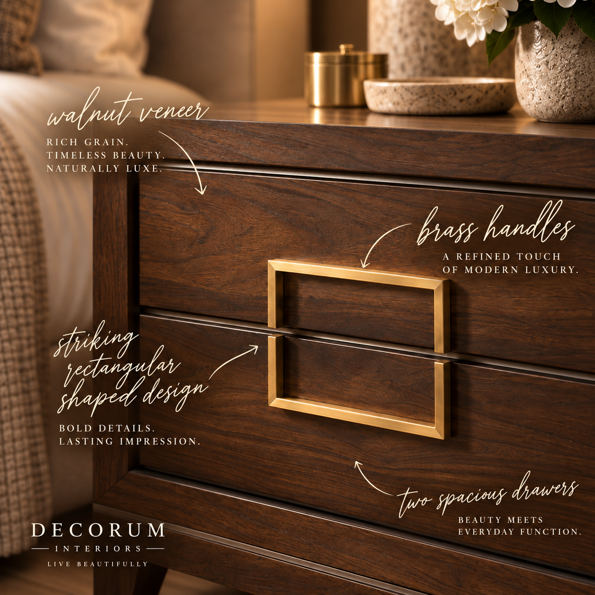 Lucca Brown Walnut Bedside Cabinet with Gold Handles by Berkeley Designs