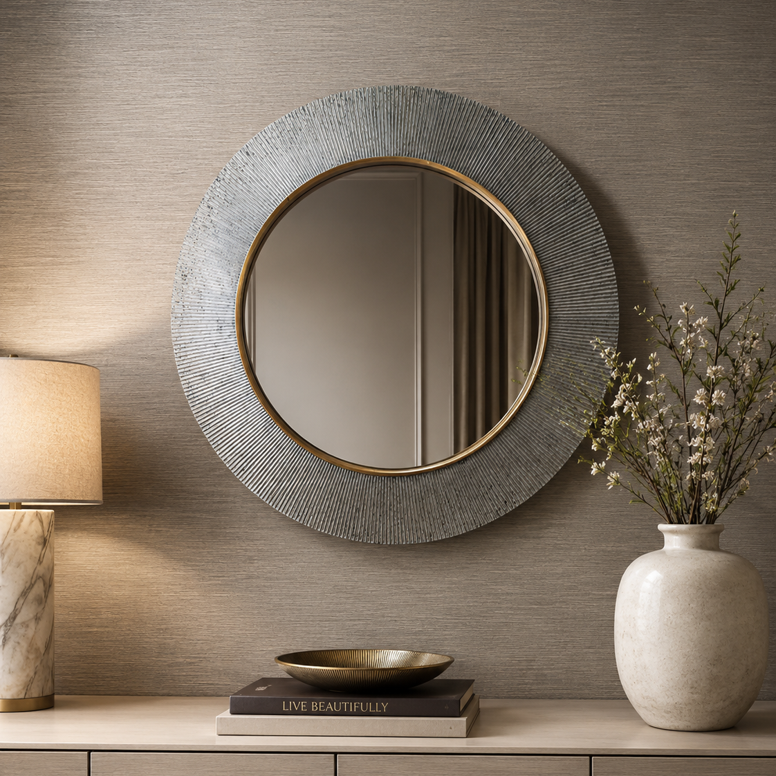 Edvin Brass & Champagne Silver Wall Mirror by RV Astley