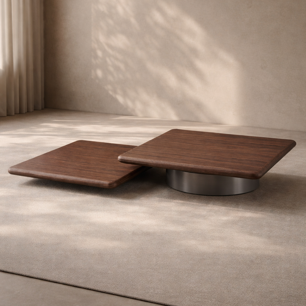 Lakeside II Walnut Wood Coffee Table with Grey Metal Base by Tommy Franks