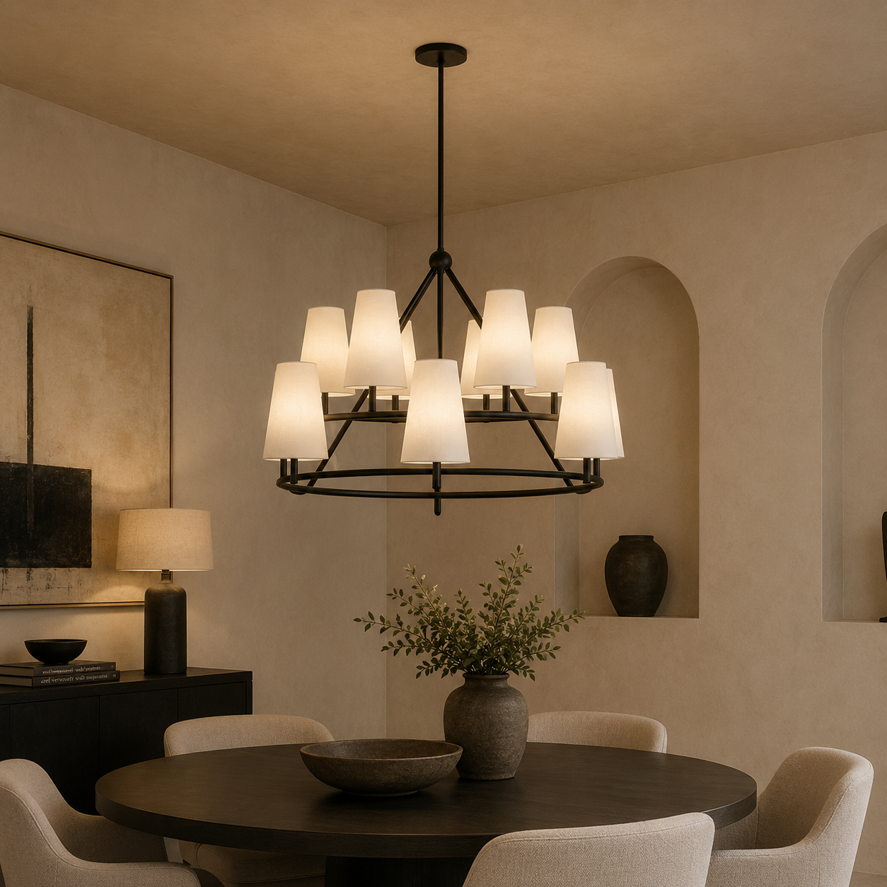 Gildan White Linen Fabric & Black Iron Chandelier by Liang & Eimil