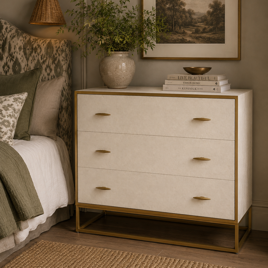 Hampton Ivory Faux Shagreen Chest Of Drawers with Gold Legs & Handles - Ivory by D.I. Designs