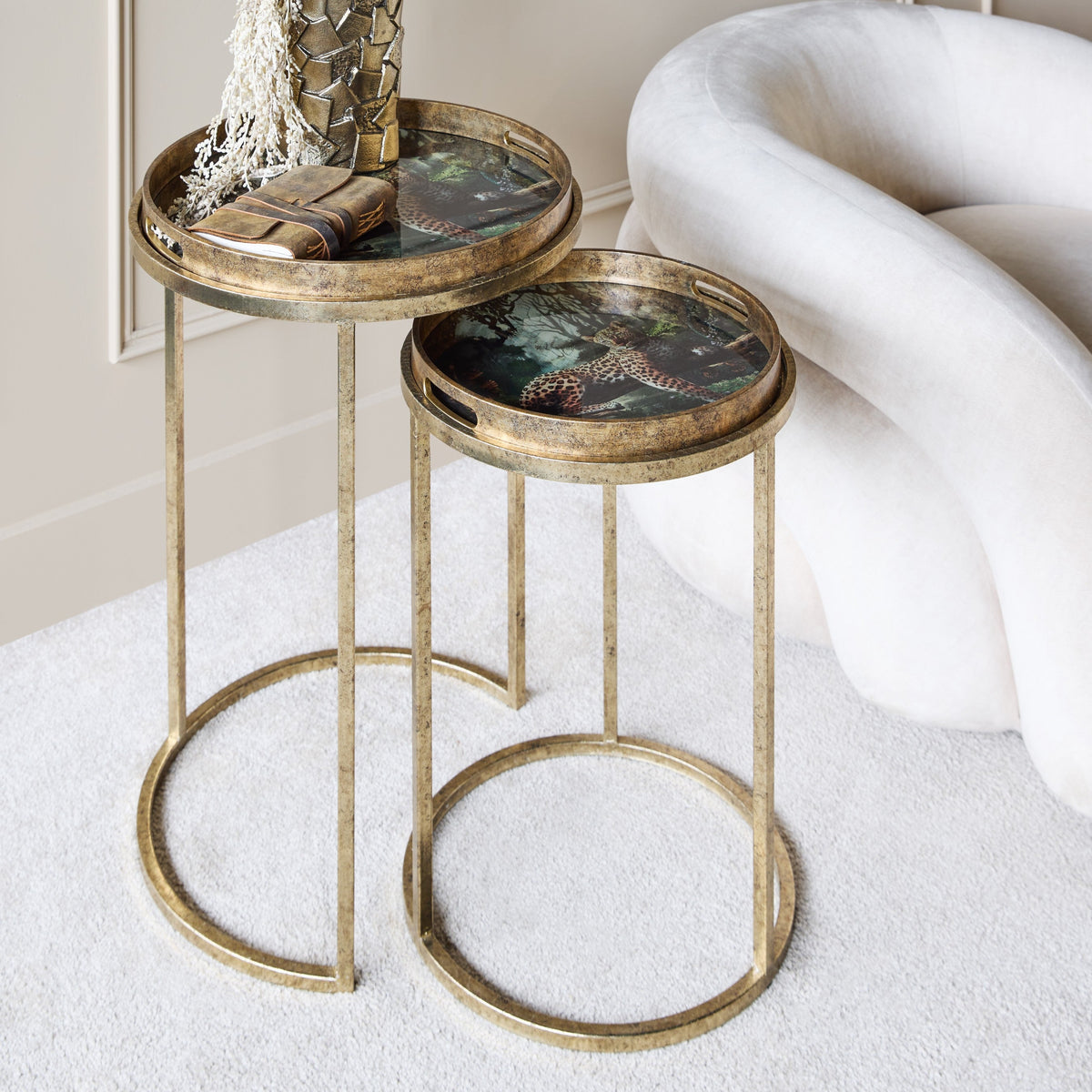 Lounging Leopard Gold & Green Tray Side Tables Set Of 2 Libra Interiors
