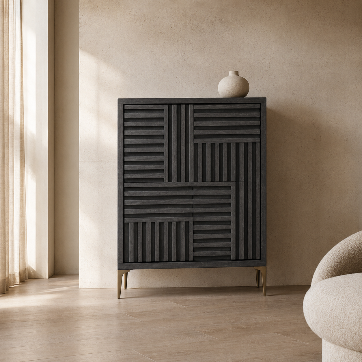 Kyoto Grey Oak Wood & Brushed Brass Cabinet by Berkeley Designs