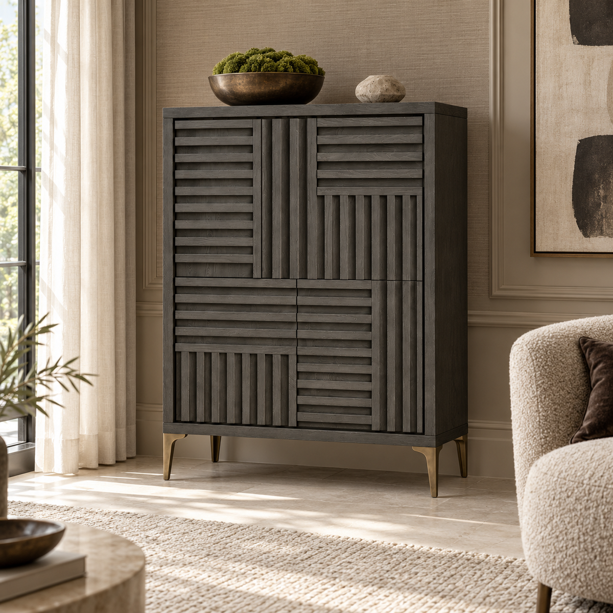 Kyoto Grey Oak Wood & Brushed Brass Cabinet Berkeley Designs