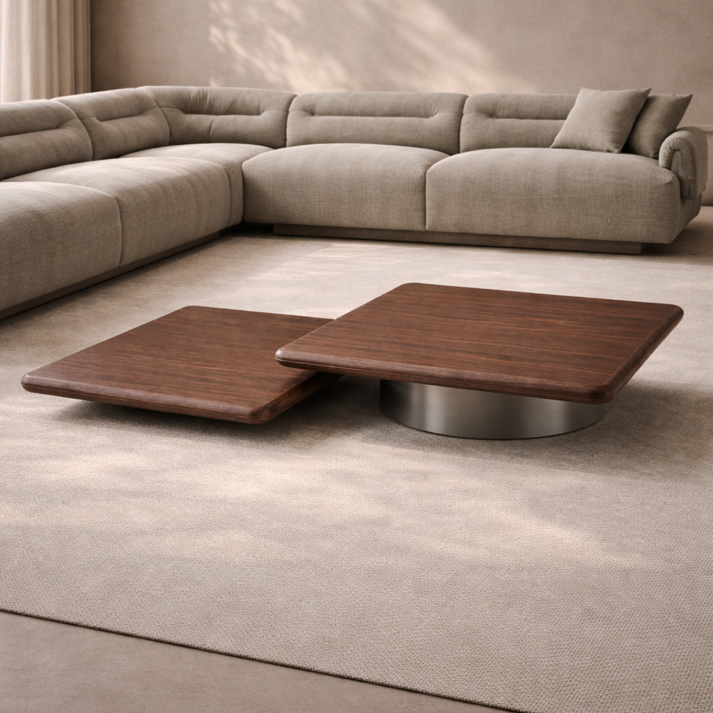 Lakeside I Walnut Wood Coffee Table with Grey Metal Base by Tommy Franks