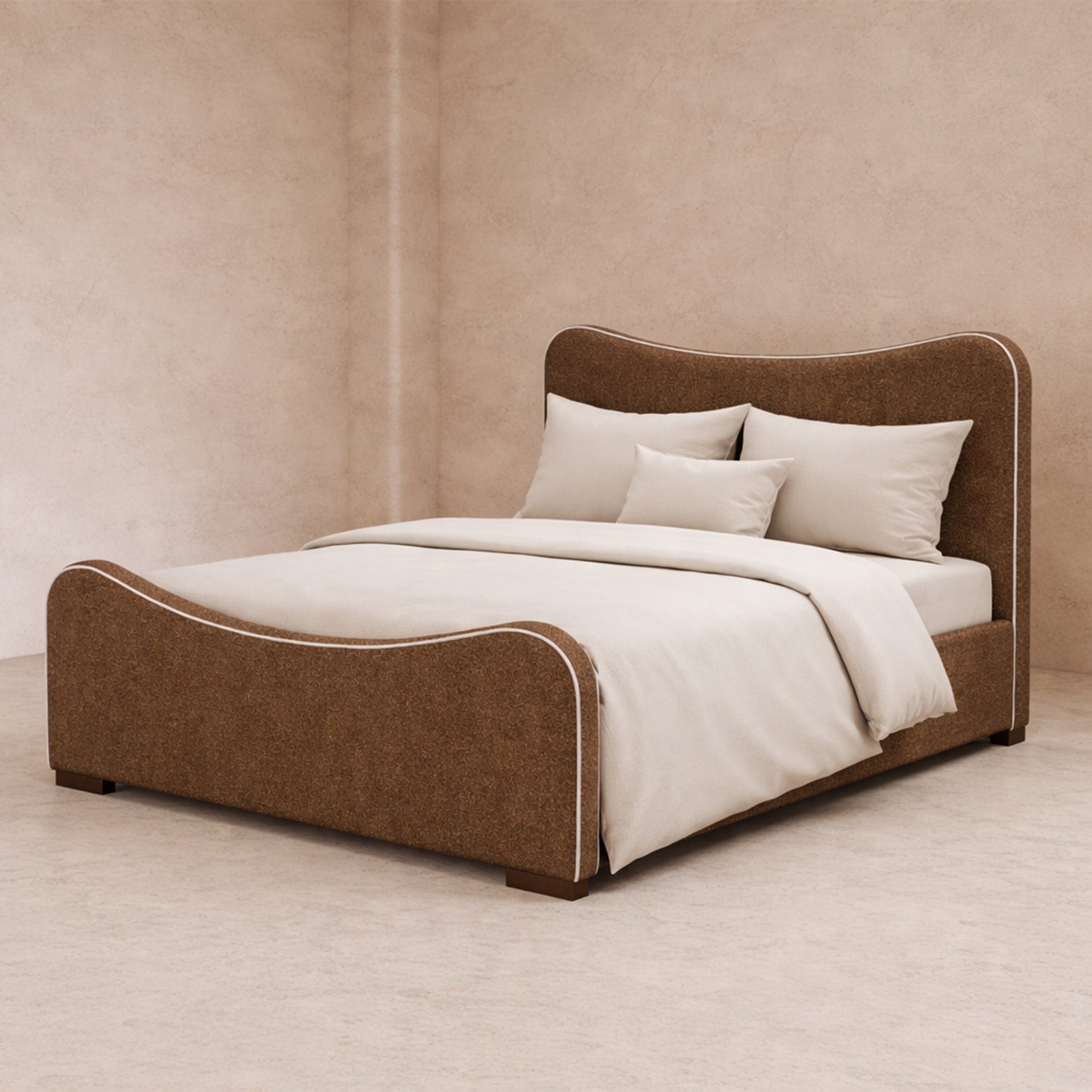 Caleta King Size Bed - Capela Fennel Seed with Capela Sand Piping | Dark Brown Solid Wood by Liang & Eimil