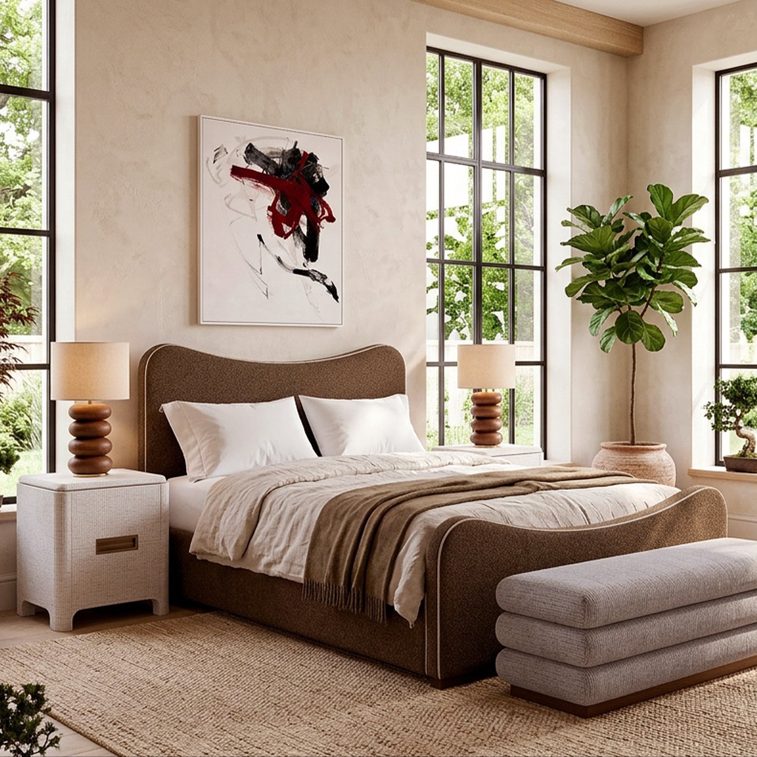 Caleta King Size Bed - Capela Fennel Seed with Capela Sand Piping | Dark Brown Solid Wood by Liang & Eimil