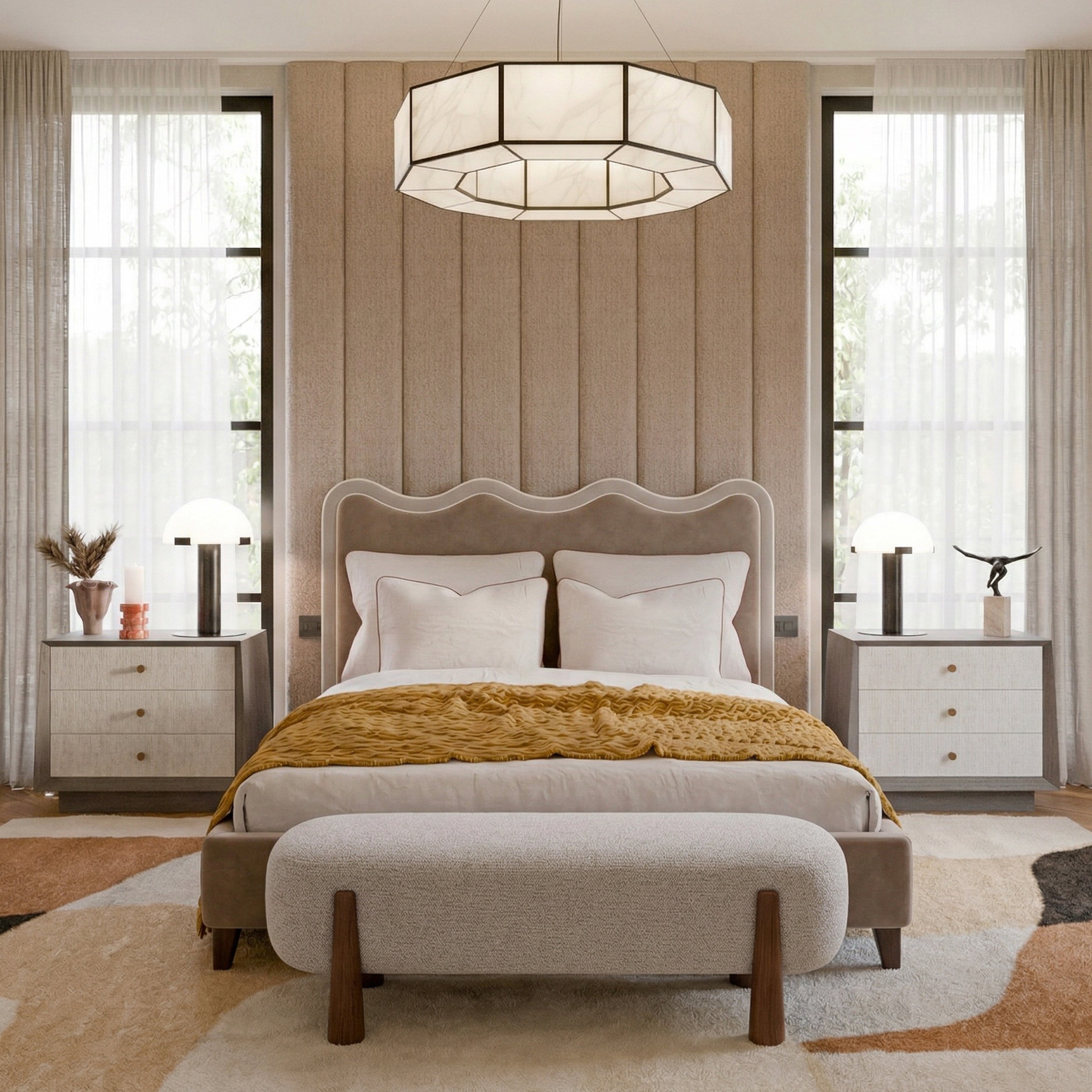 Palermo King Size Bed - Hopper Taupe with Hopper Cream Border | Dark Brown Solid Wood by Liang & Eimil