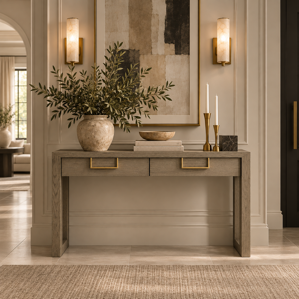 Lucca Grey Oak Wood & Gold Console Table by Berkeley Designs