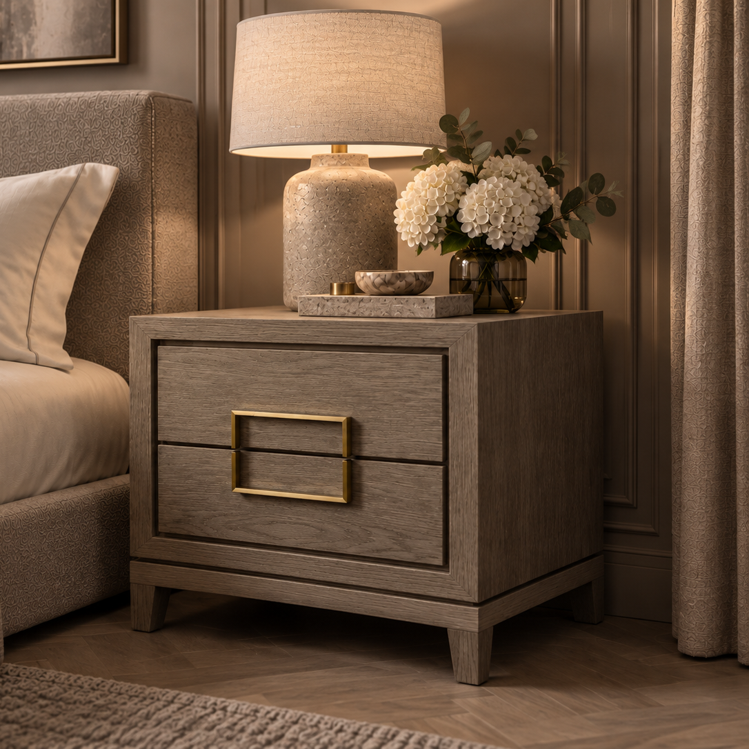 Lucca Grey / Taupe Oak Veneer Bedside Table by Berkeley Designs