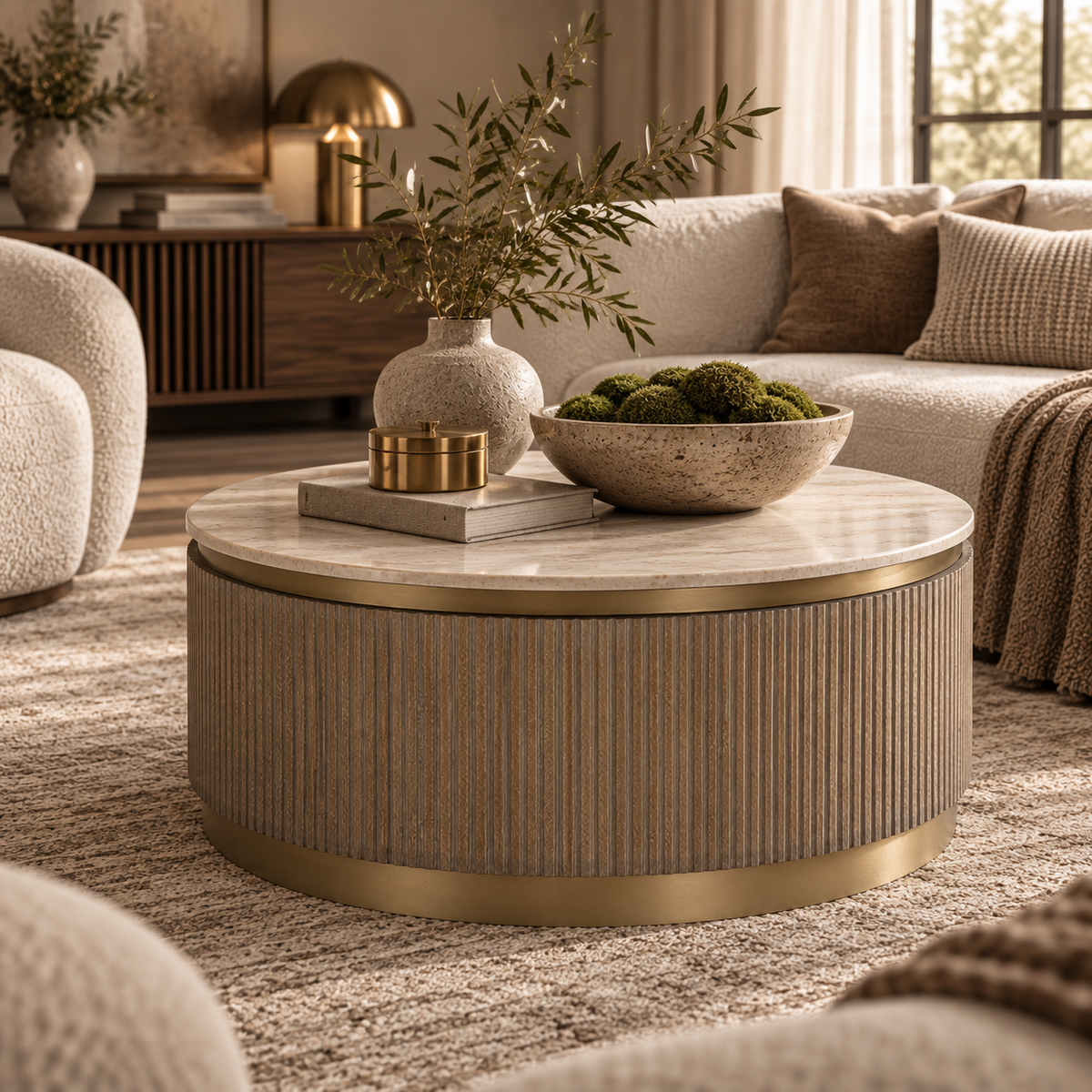 Maigue Brown Wood & White Marble Coffee Table by RV Astley
