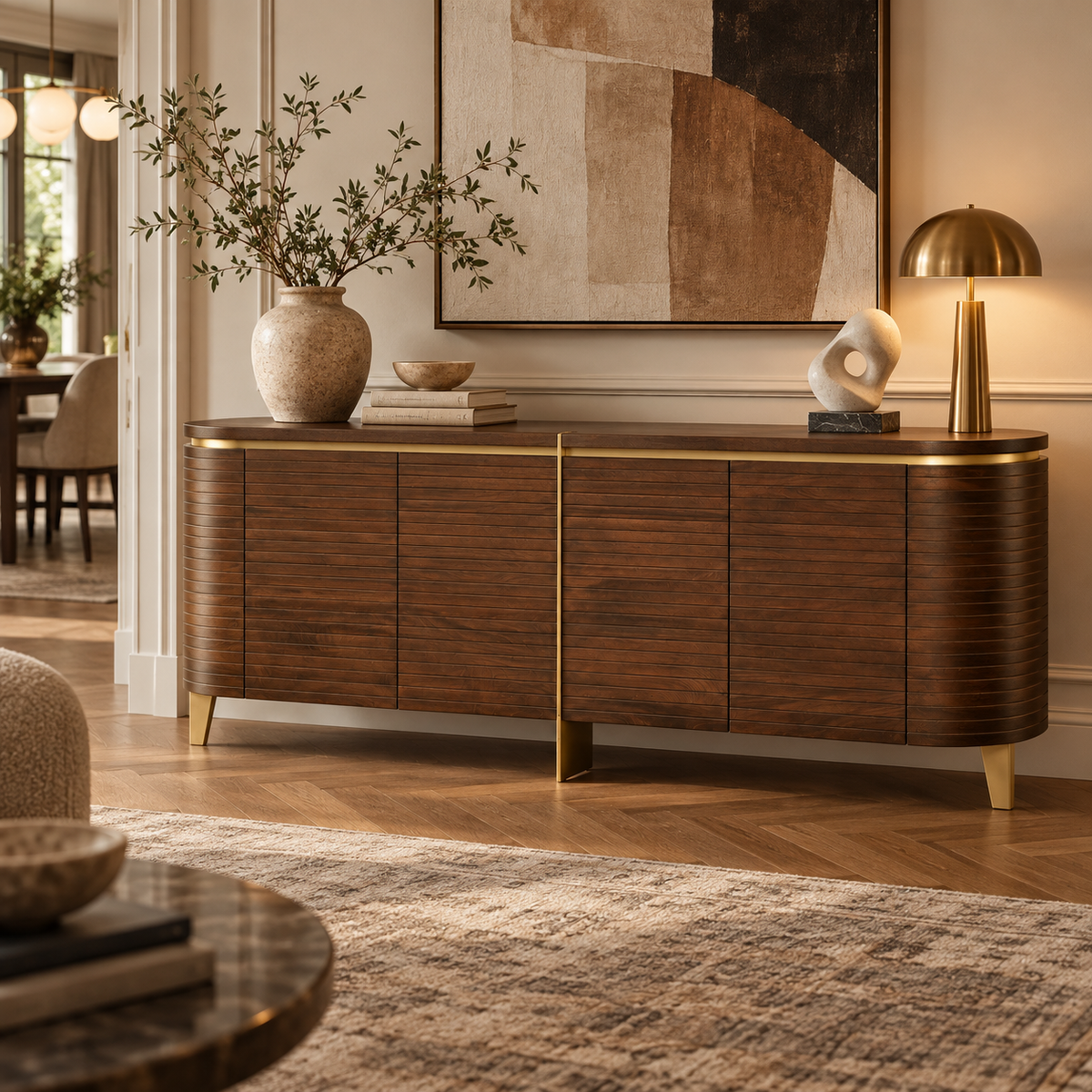 Malibu Brown Walnut Veneer Sideboard with Brass Handles & Legs Berkeley Designs