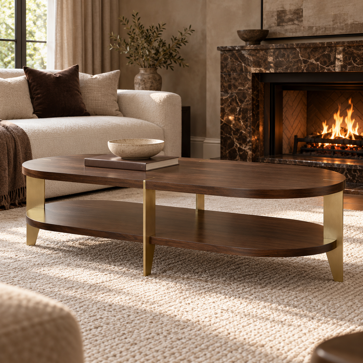 Malibu Coffee Table Walnut Wood Veneer & Brass Frame Berkeley Designs