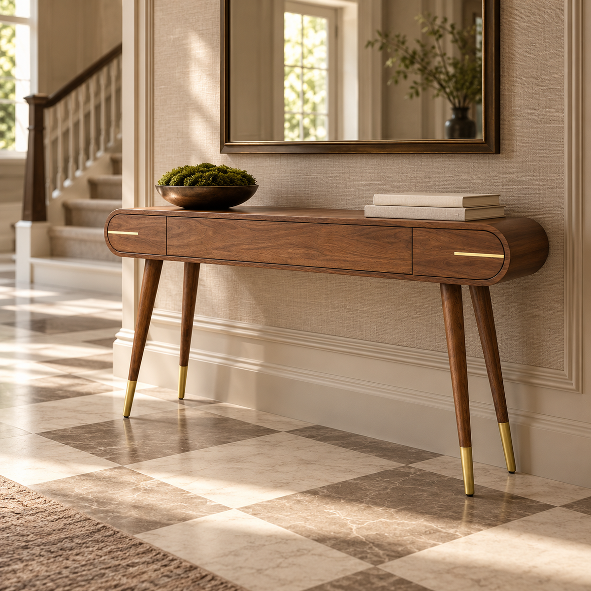 Malibu Console Table Walnut Wood with Brass Handles & Legs Berkeley Designs