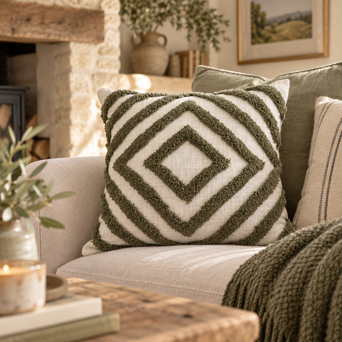 Mesa Olive Cotton Tufted Geometric Cushion 43x43cm (Feather Filled) Malini