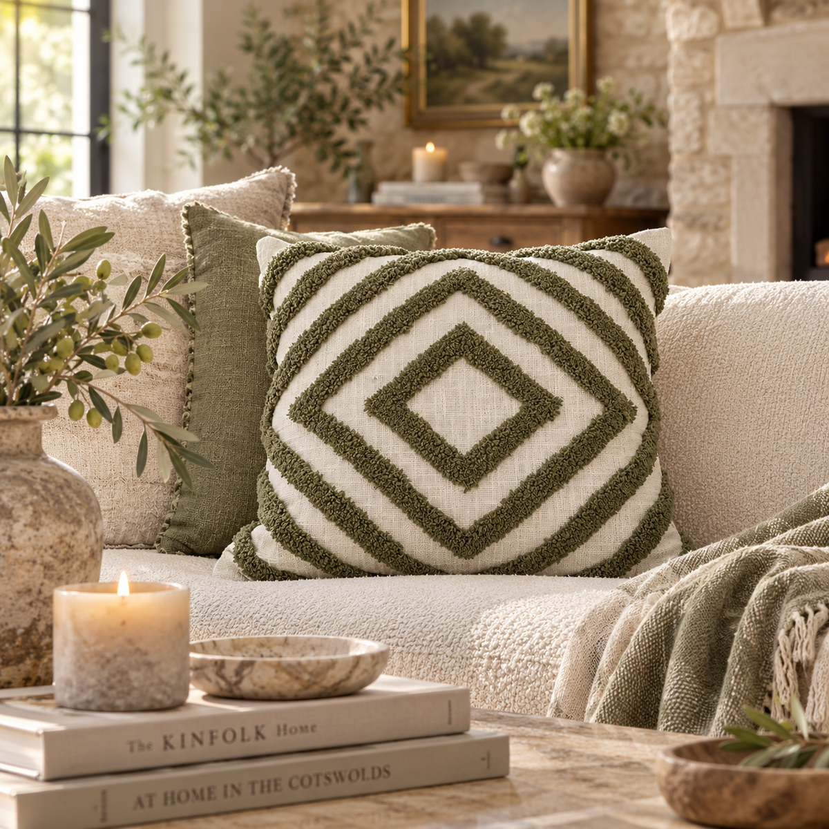 Mesa Olive Cotton Tufted Geometric Cushion 43x43cm (Feather Filled) Malini