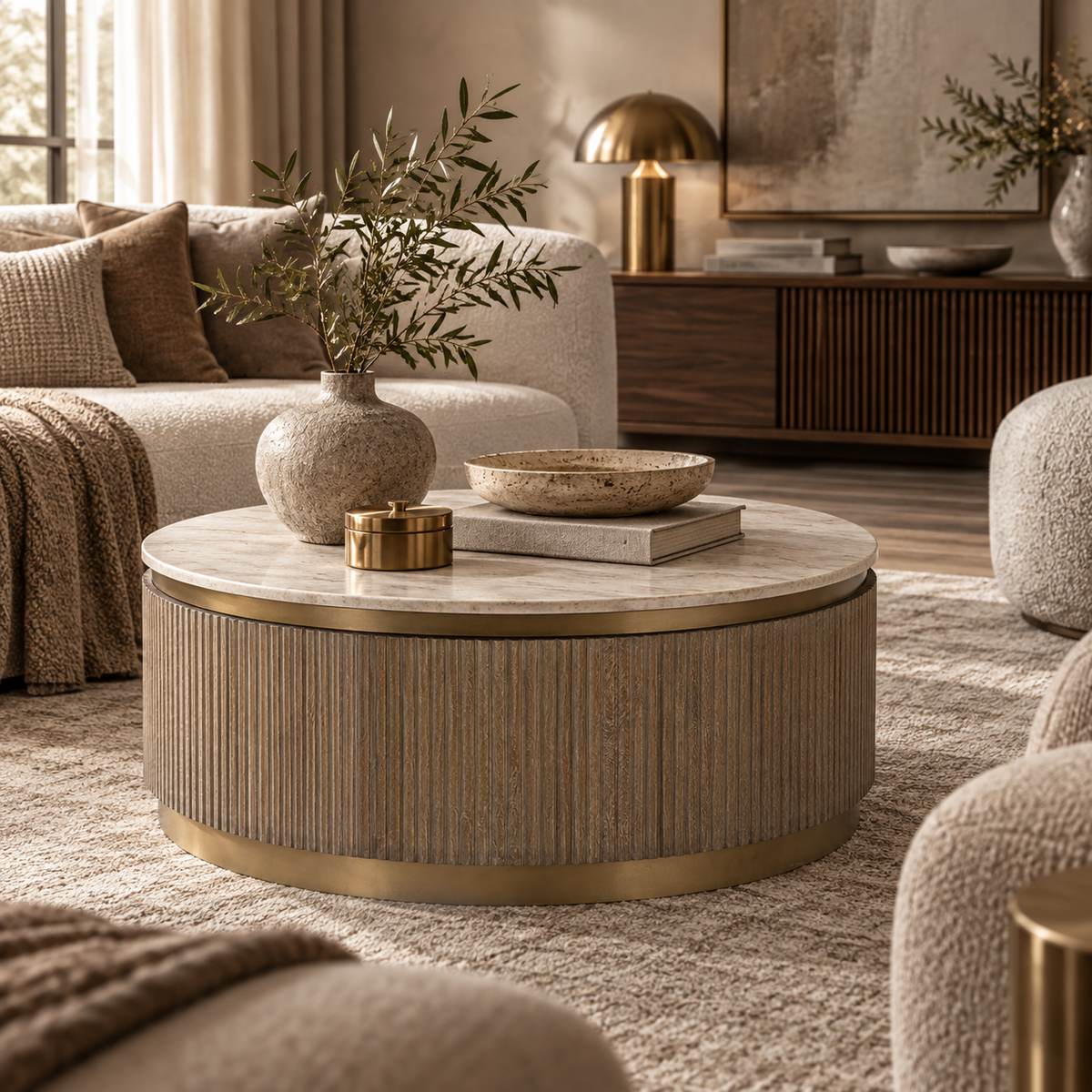 Maigue Brown Wood & White Marble Coffee Table by RV Astley