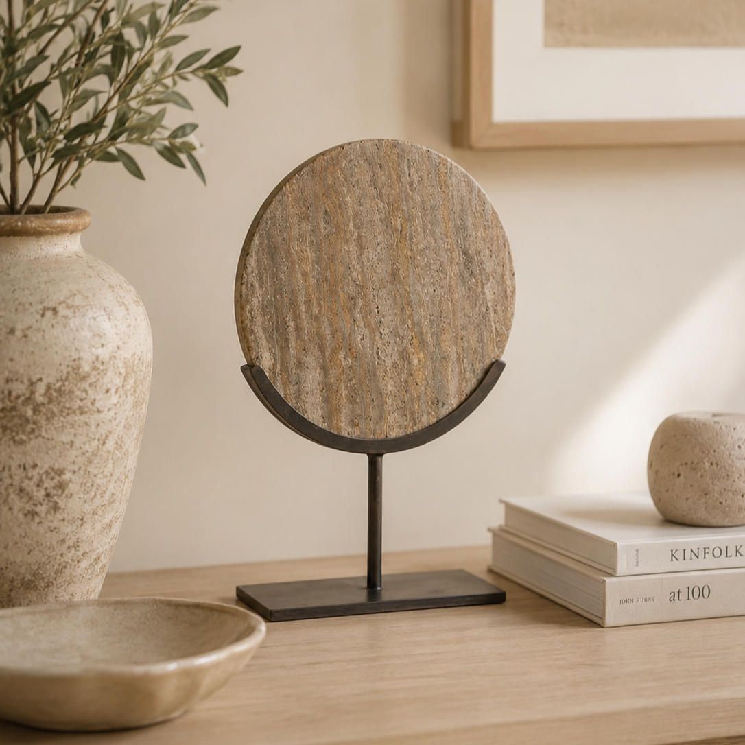 Moreno Dark Brown Travertine & Small Ring On Stand by Light & Living