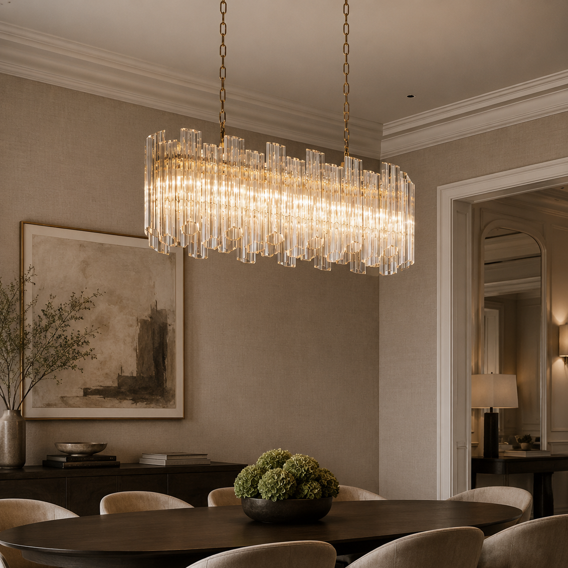 Nasser Long Nickel & Glass Chandelier by RV Astley