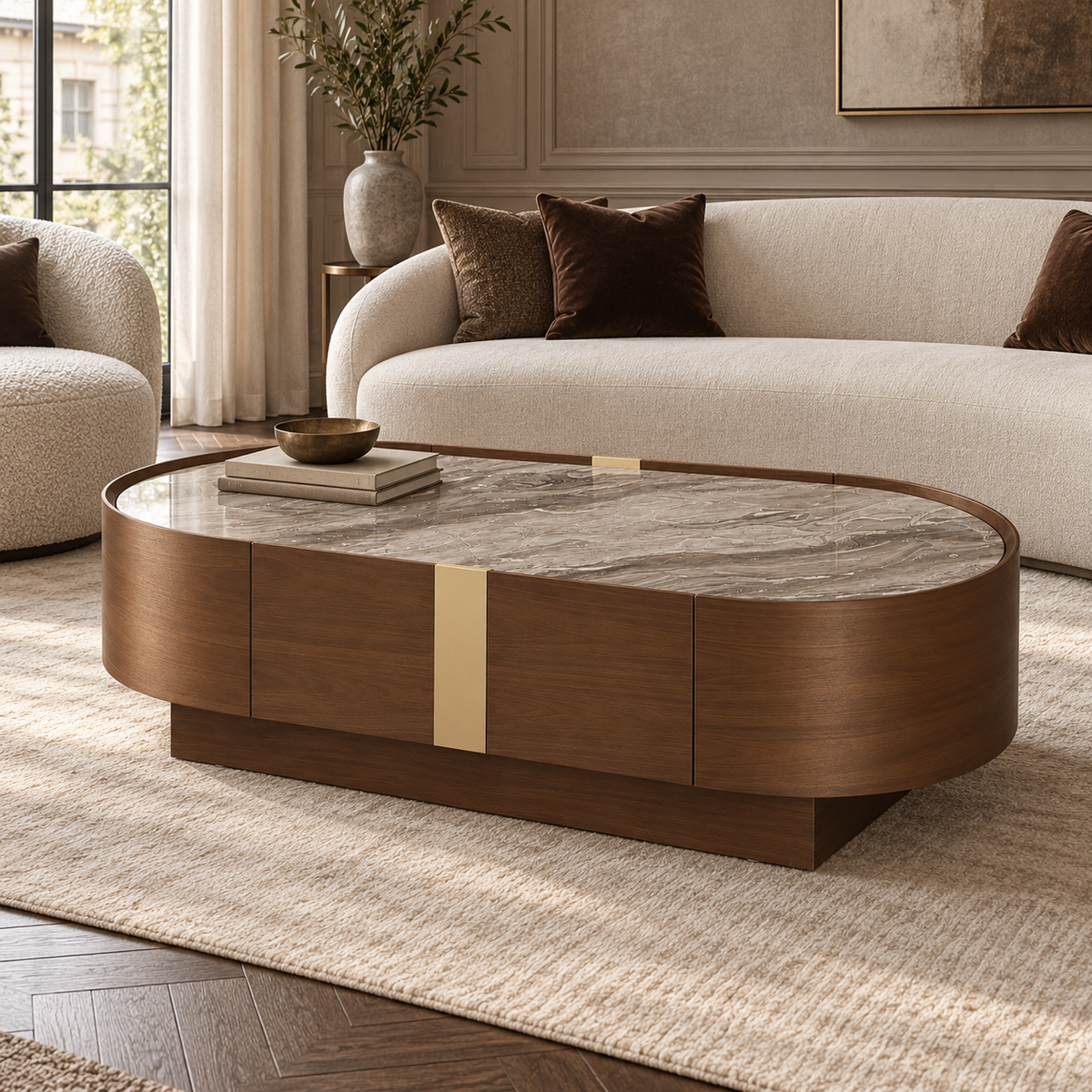 Oslo Gold & Walnut Veneer Oval Coffee Table with Ceramic Top Berkeley Designs