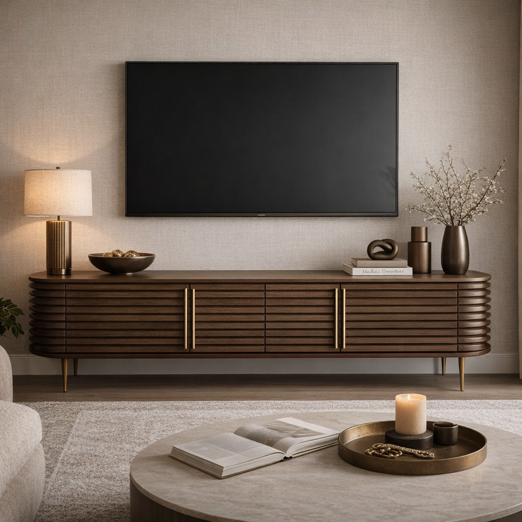 Paris Brown Walnut Media Unit with Brass Handles & Legs by Berkeley Designs