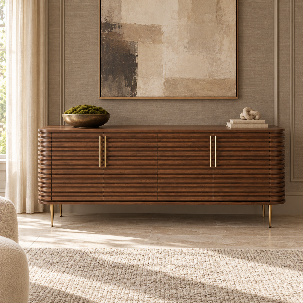 Paris Brown Walnut Wood & Brass Sideboard Berkeley Designs
