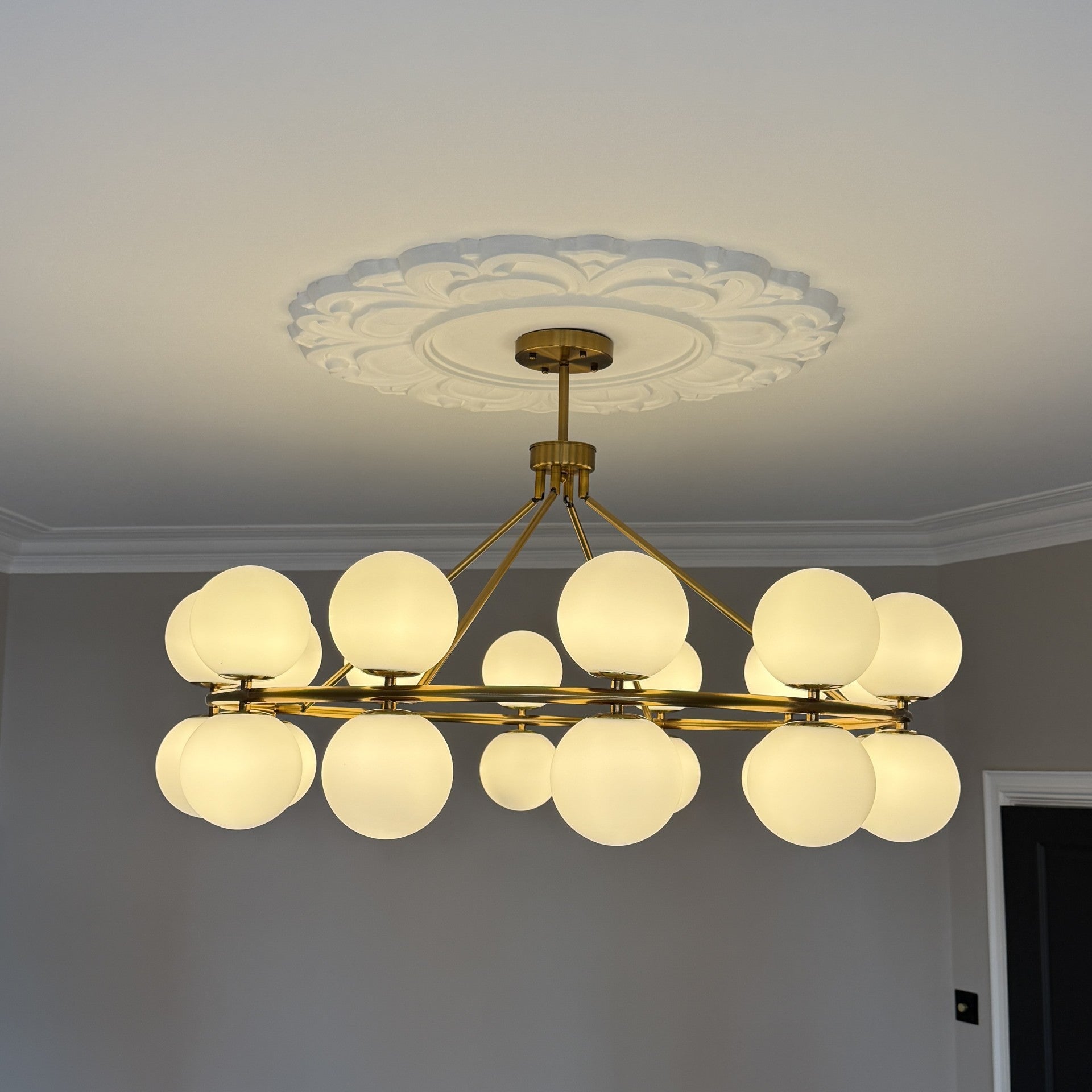 Multi Chandelier Gold Metal Frame & White Opal Glass Globe Shades by Kensington