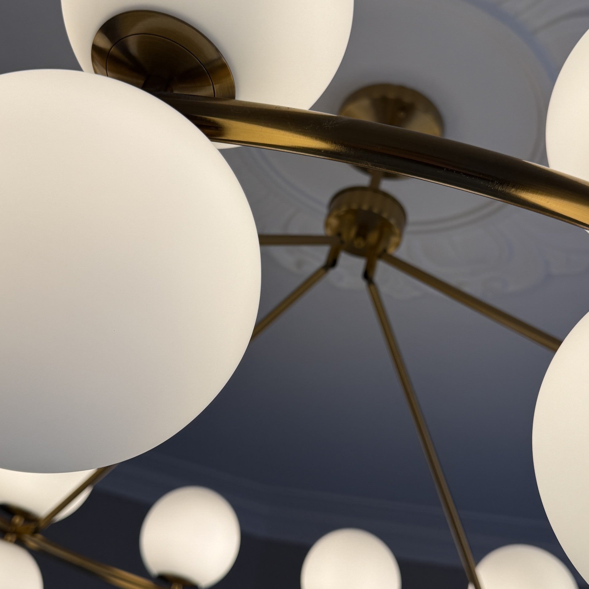 Multi Chandelier Gold Metal Frame & White Opal Glass Globe Shades by Kensington
