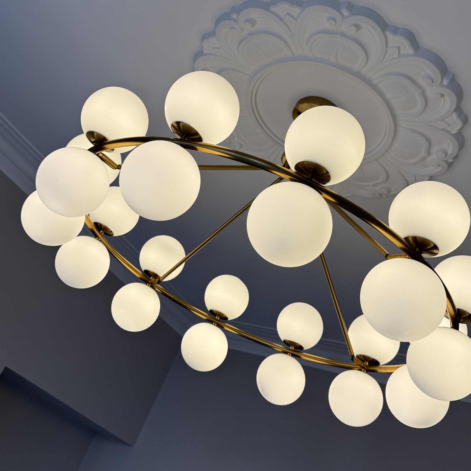 Multi Chandelier Gold Metal Frame & White Opal Glass Globe Shades by Kensington