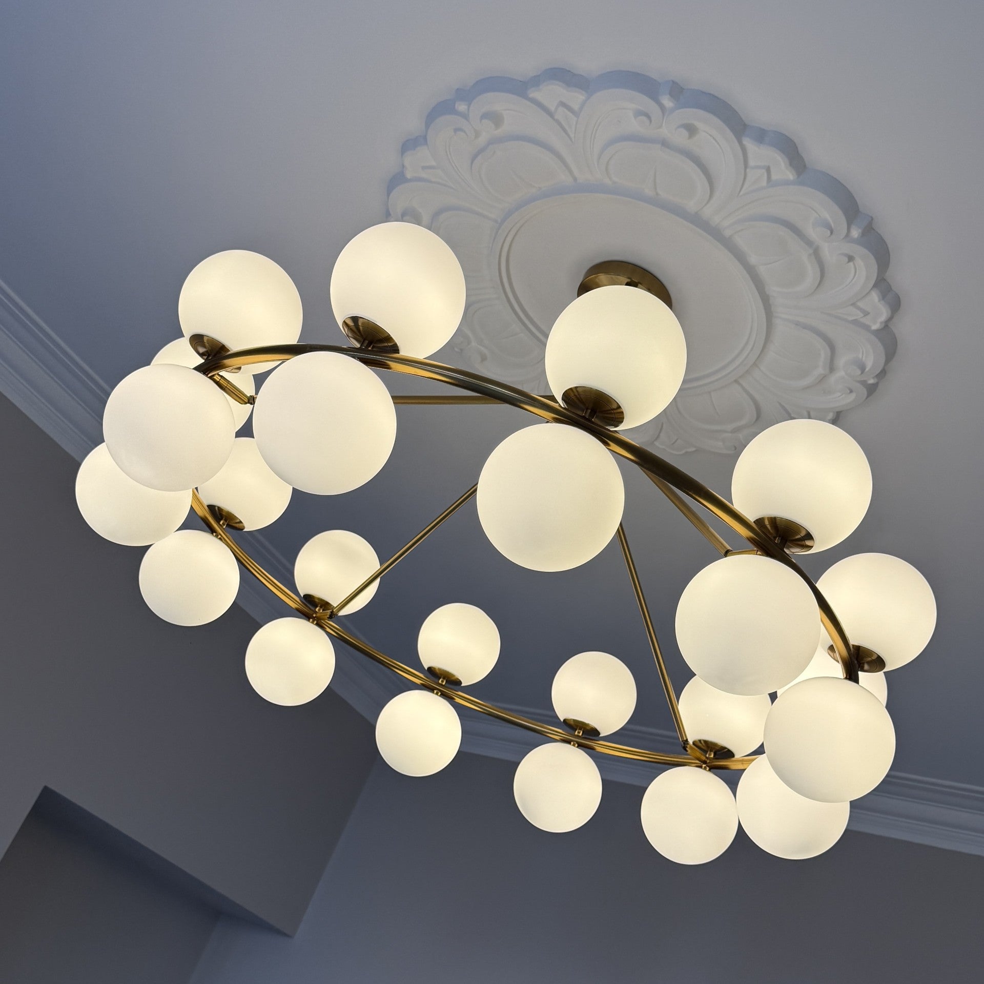 Multi Chandelier Gold Metal Frame & White Opal Glass Globe Shades by Kensington