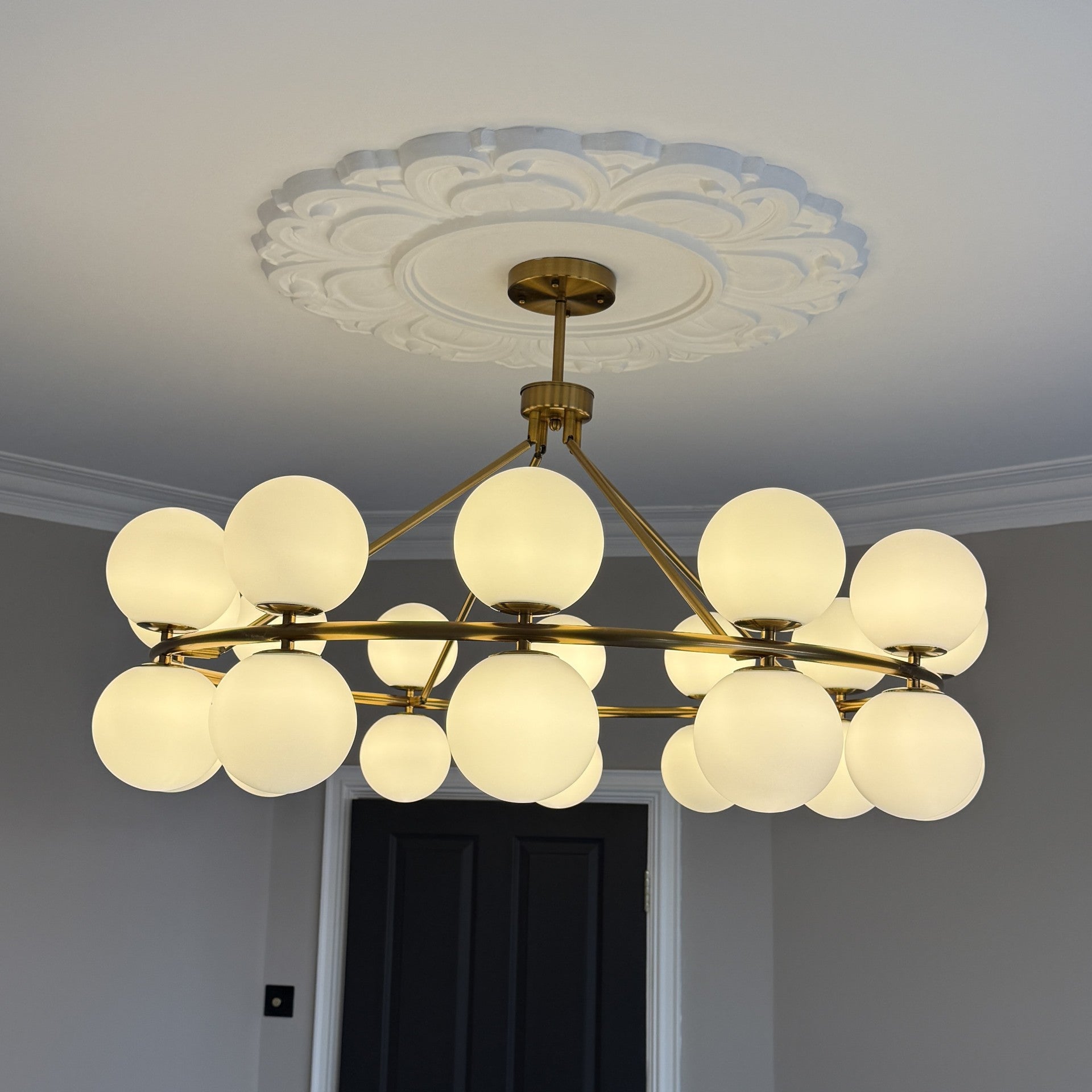 Multi Chandelier Gold Metal Frame & White Opal Glass Globe Shades by Kensington