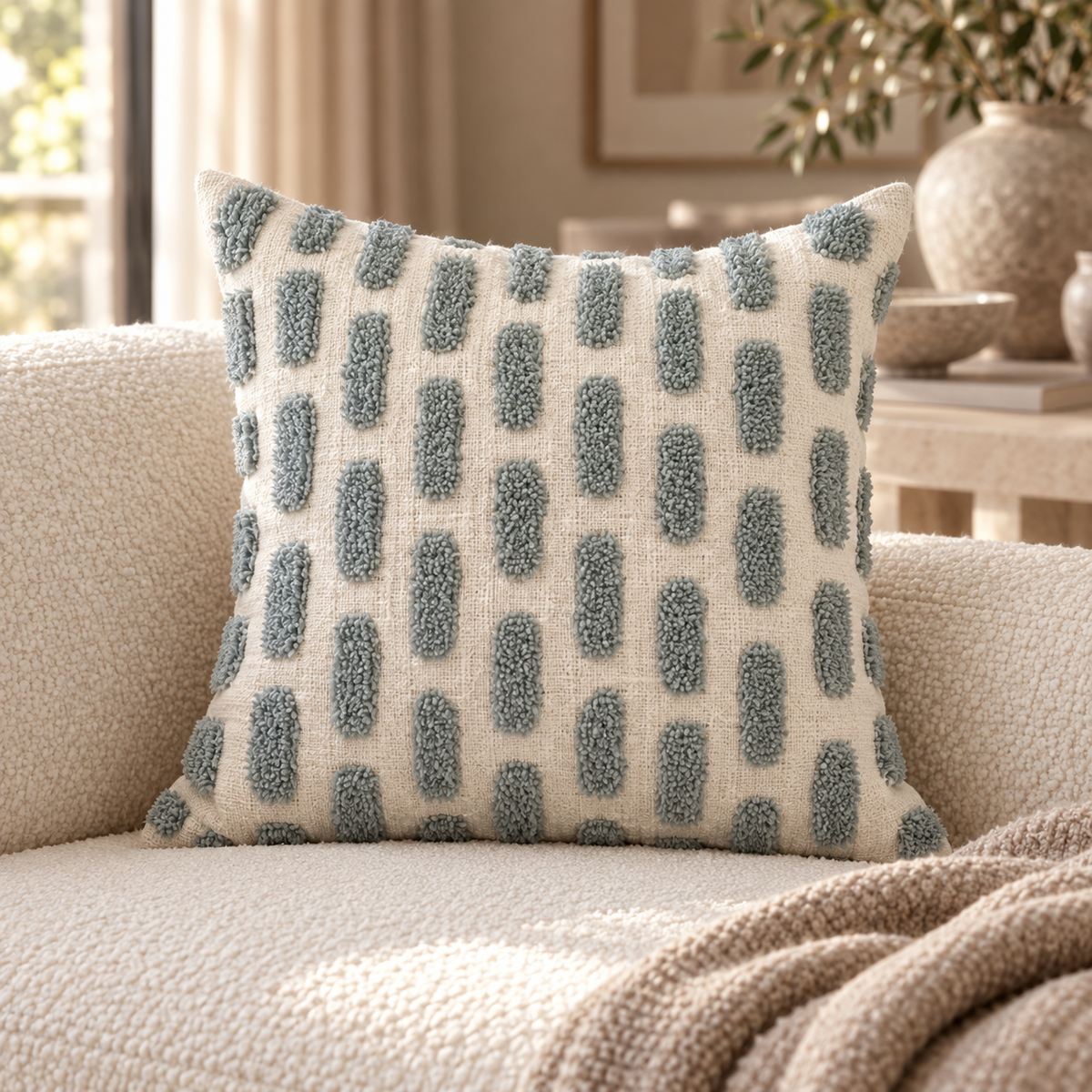 Ridge Duck Egg Cotton Tufted Dash Cushion 43 cm Malini