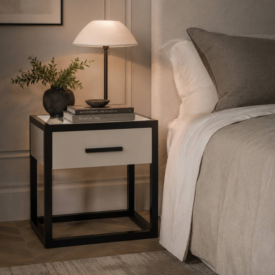 Roux Taupe Faux Leather & Ash Wood Bedside Table by Liang & Eimil
