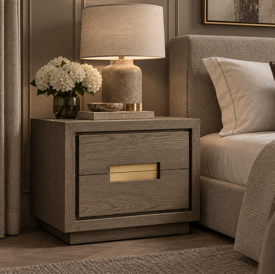 Sevilla Grey Oak Wood & Gold Bedside Table by Berkeley Designs