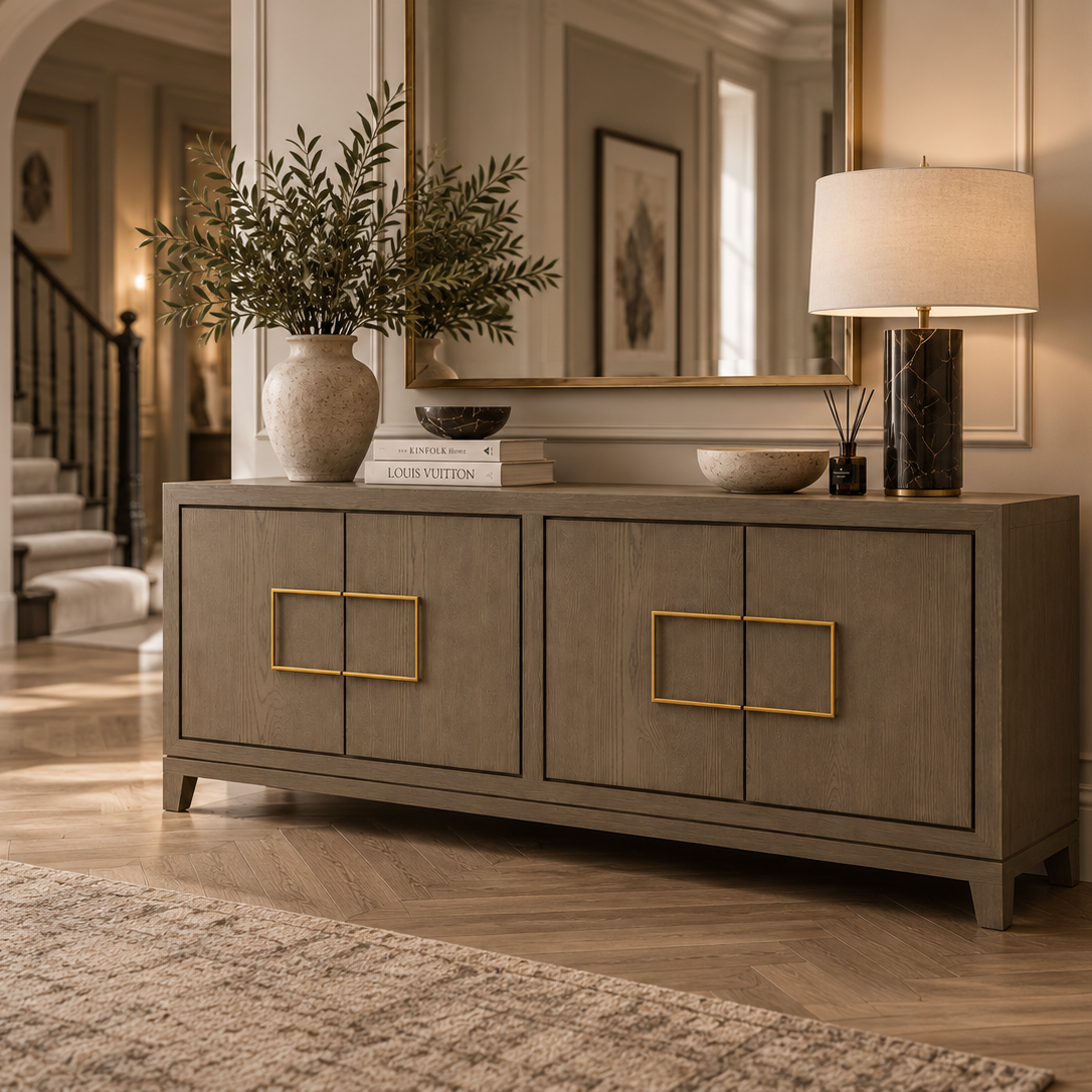 Lucca Grey Oak Veneer Sideboard with Gold Handles by Berkeley Designs