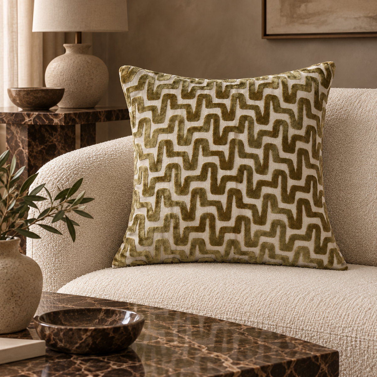 Summit Olive Cut Velvet Cushion Malini