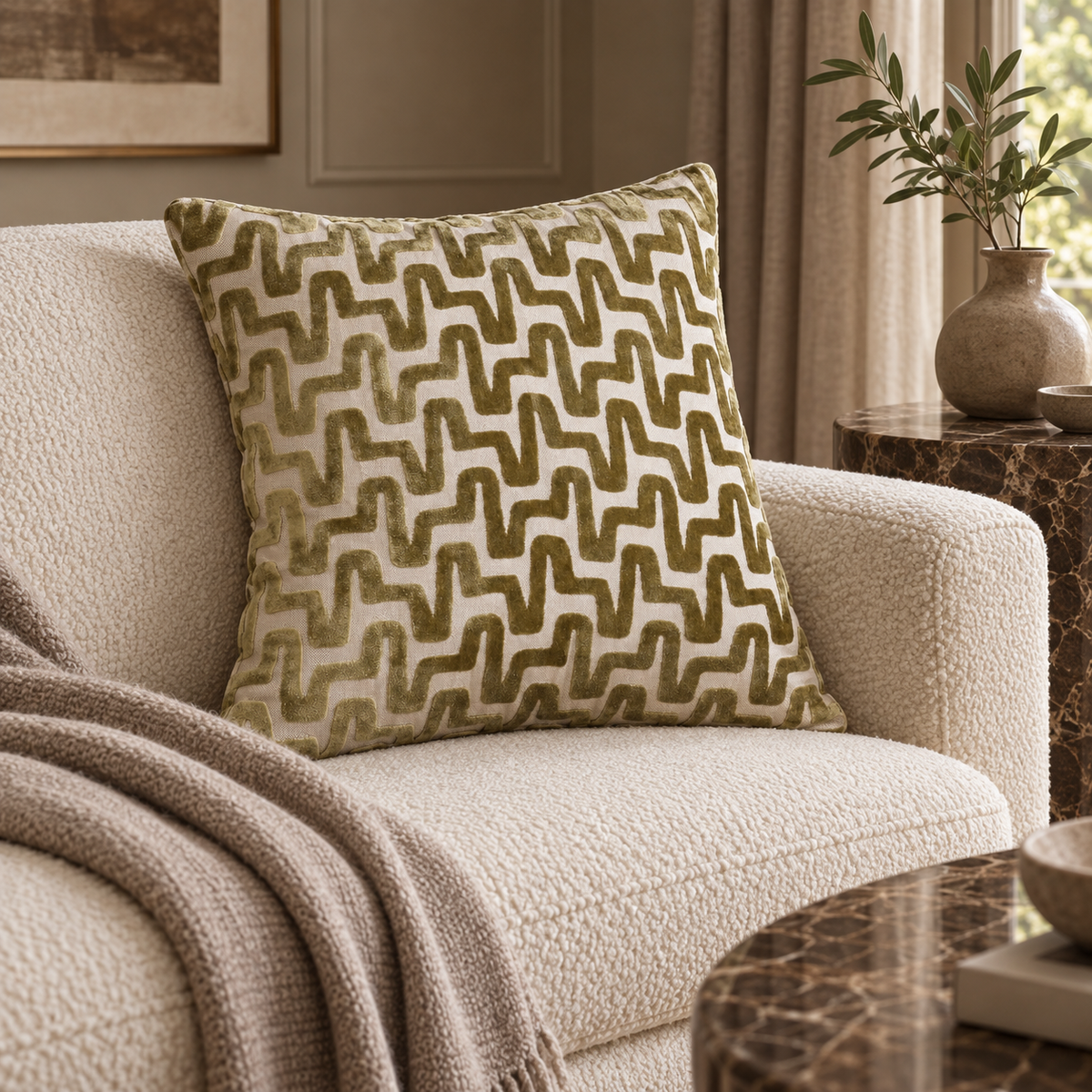 Summit Olive Cut Velvet Cushion Malini