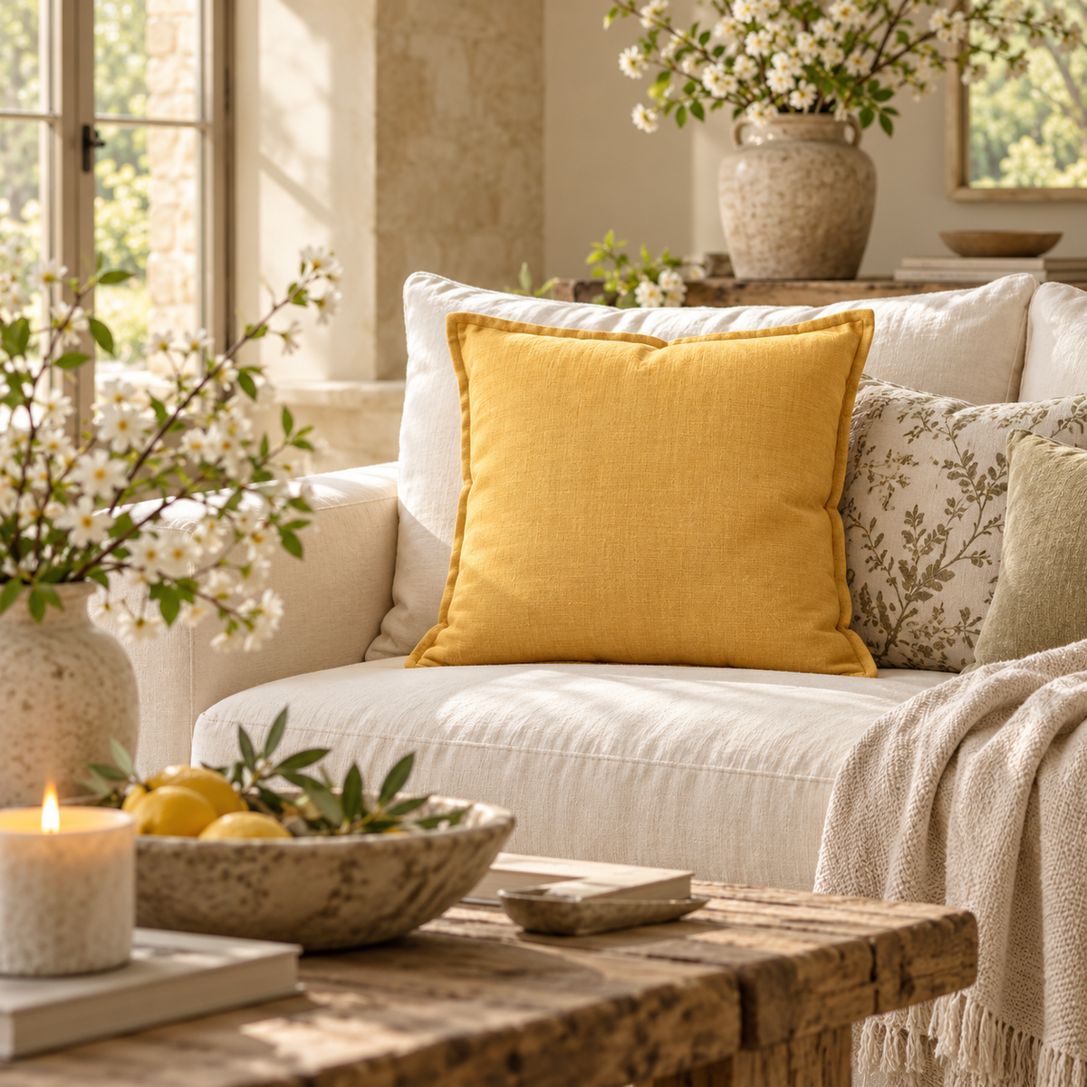 Tia Linen Blend Cushion - Mustard Malini