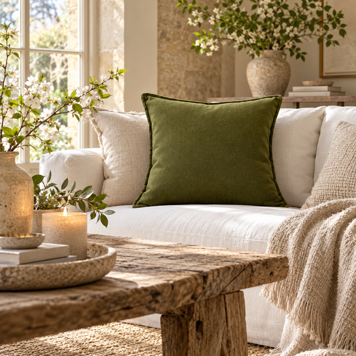 Tia Linen Blend Cushion - Olive Malini