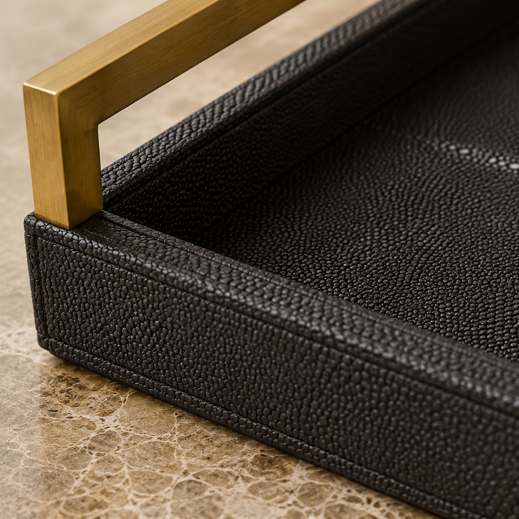 Black Faux Shagreen Tray & Gold Handles by Kensington