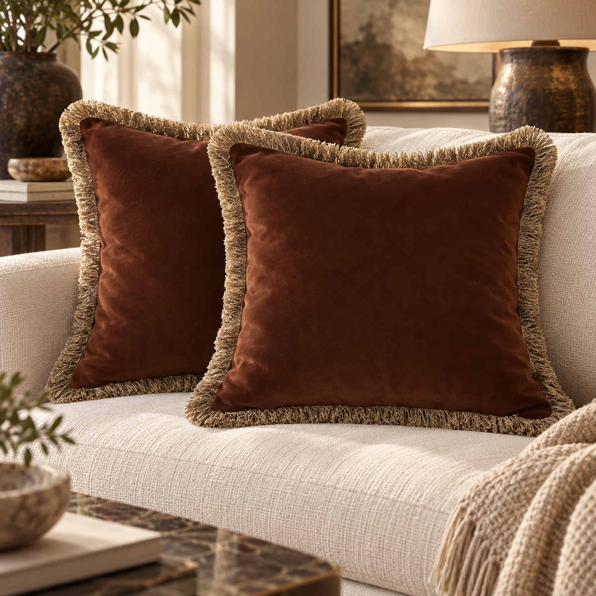 Verona Double Sided Fringe Edge Cushion 55cm - Chocolate Brown Malini
