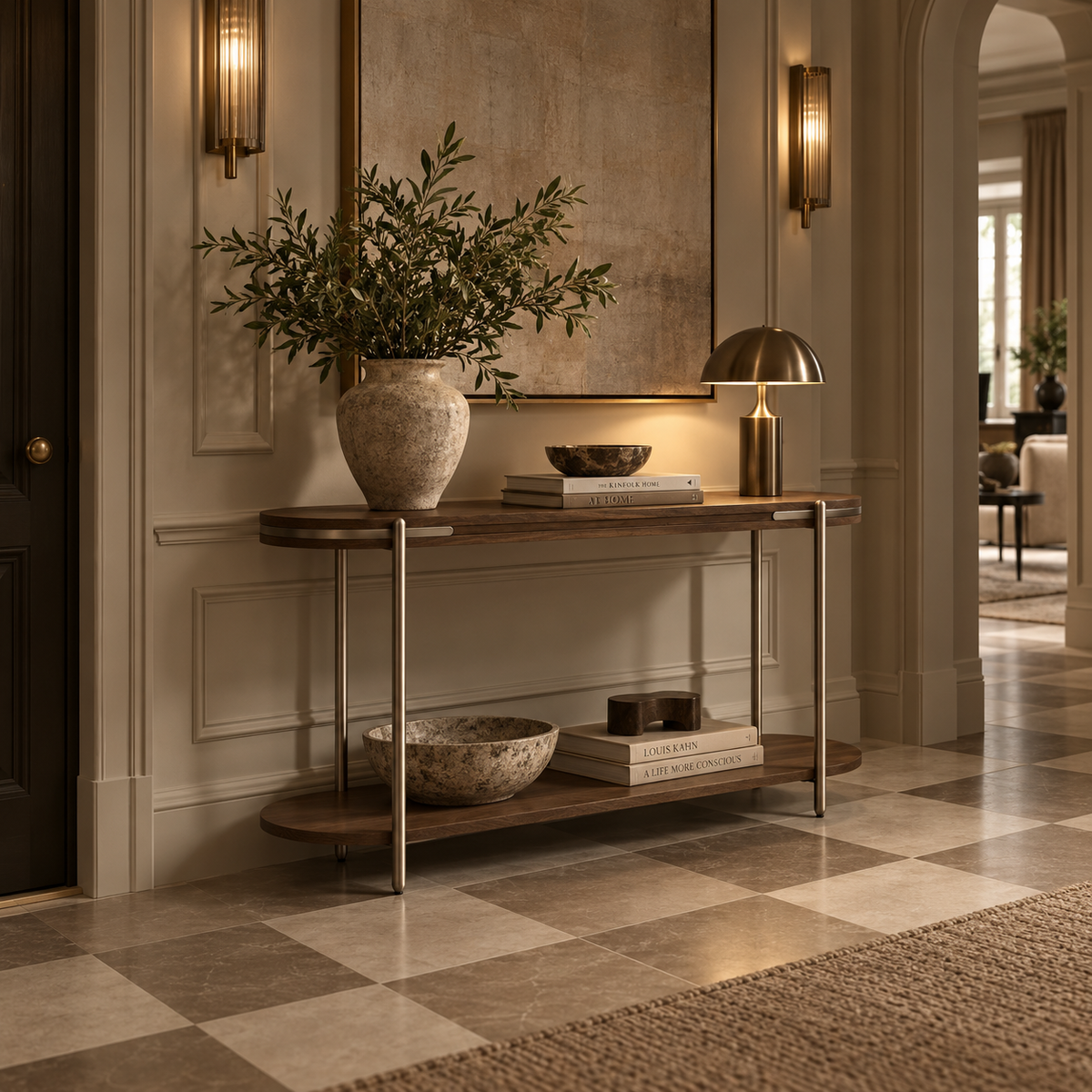 Vienna Brown Walnut Veneer Oval Console Table Berkeley Designs