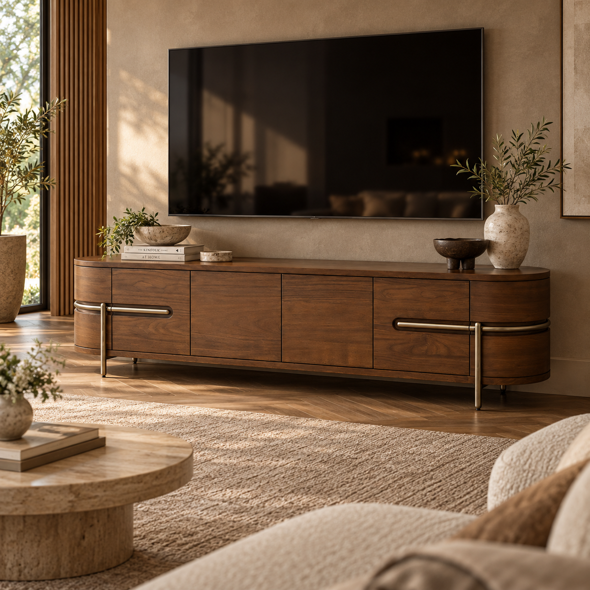 Vienna Natural Walnut Veneer & Brushed Metal Legs Media Unit Berkeley Designs
