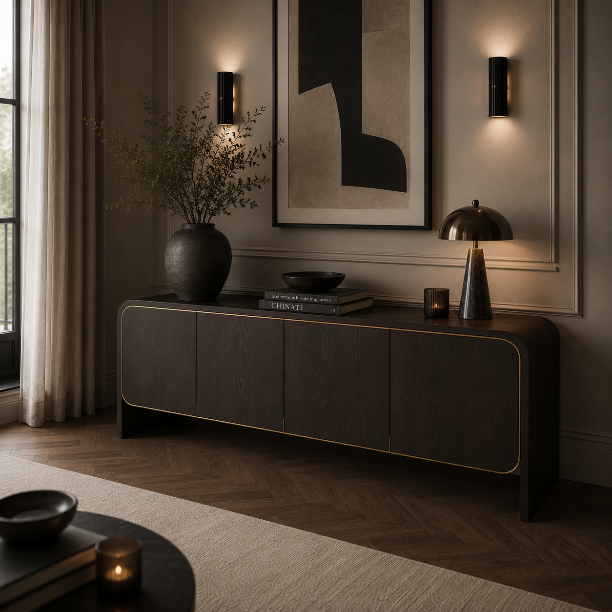Walter Sideboard Dark Grey Oak Wood & Brass Four Door by Liang & Eimil