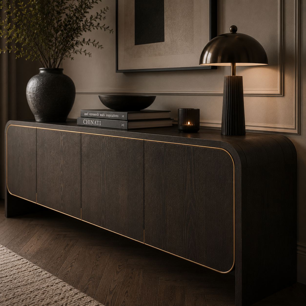 Walter Sideboard Dark Grey Oak Wood & Brass Four Door by Liang & Eimil