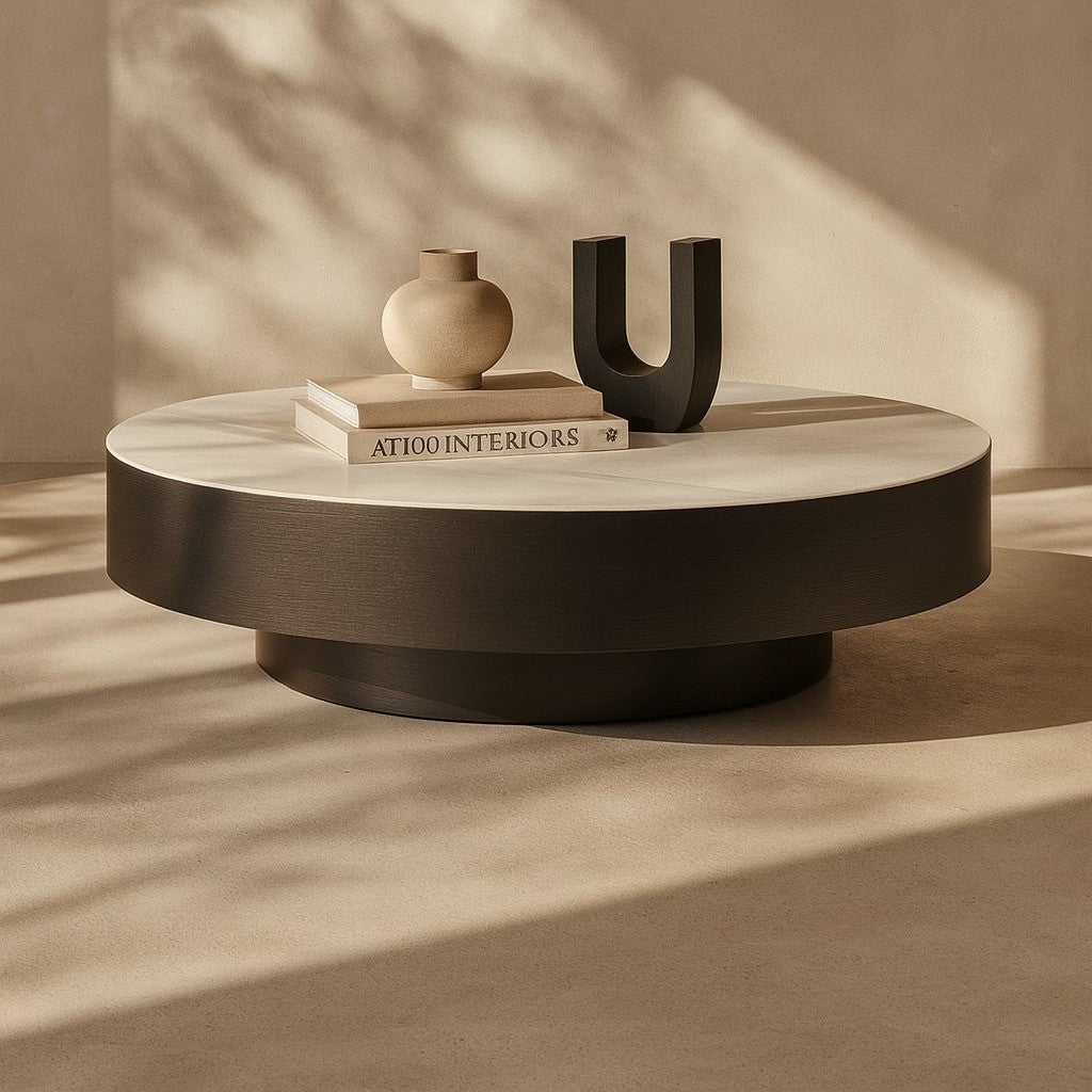 Coin Coffee Table White Marble Top & Dark Wood & Metal Base by Tommy Franks