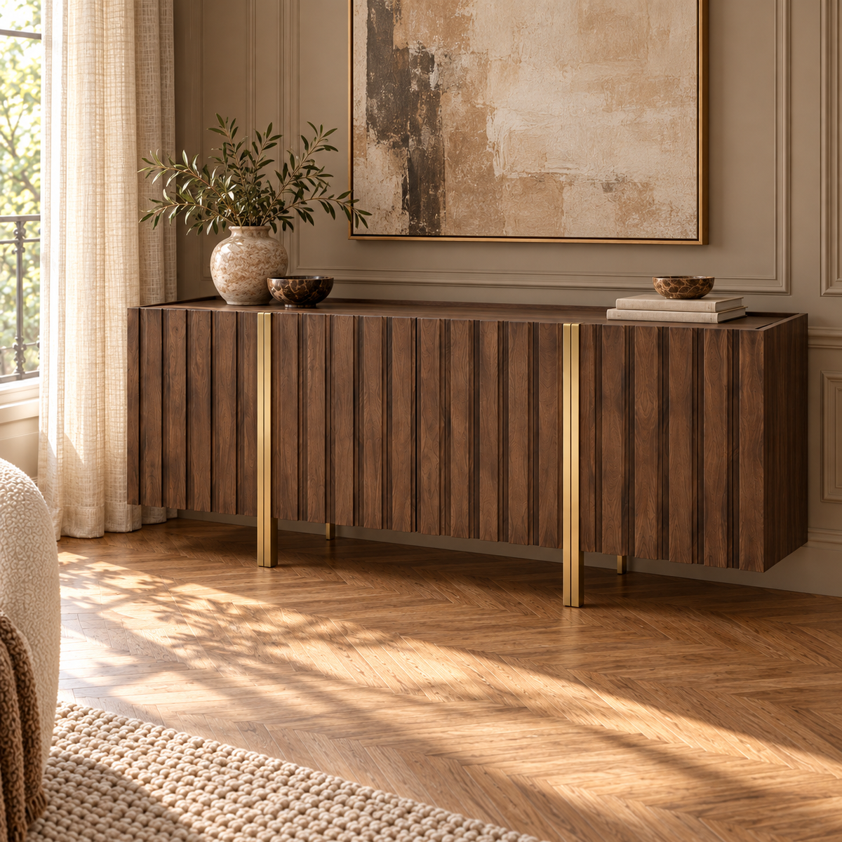 Winchester Brown Walnut Wood & Brass Sideboard Berkeley Designs